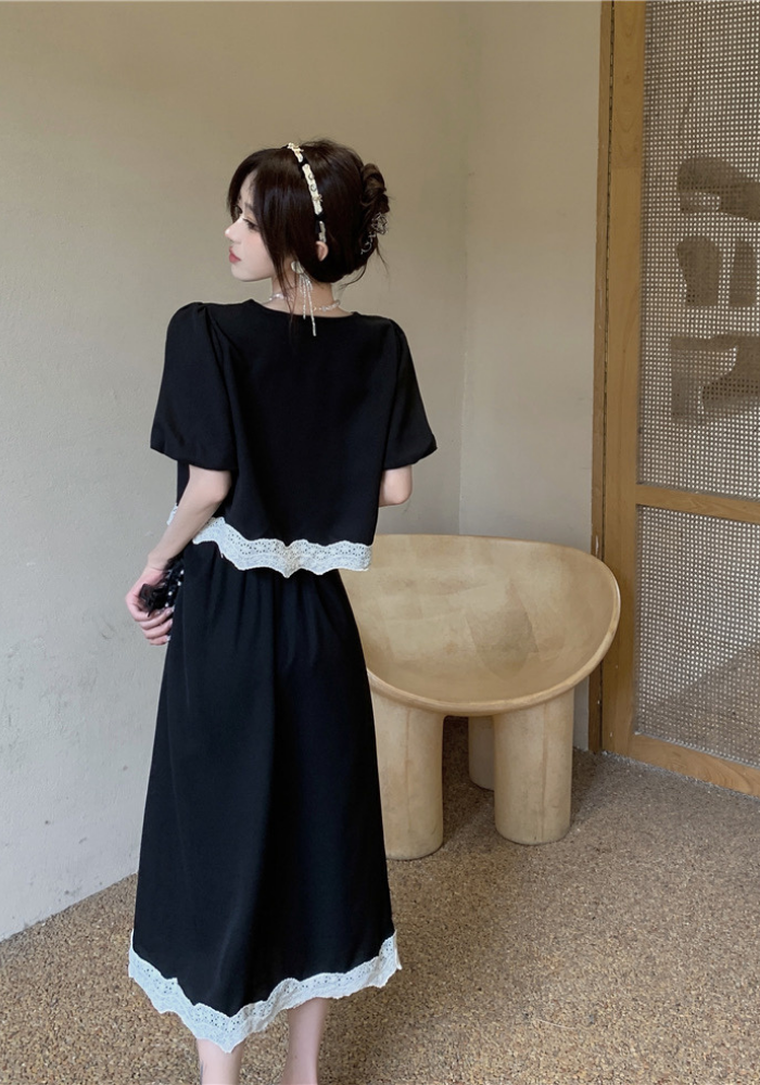 French lace patchwork top + skirt suit