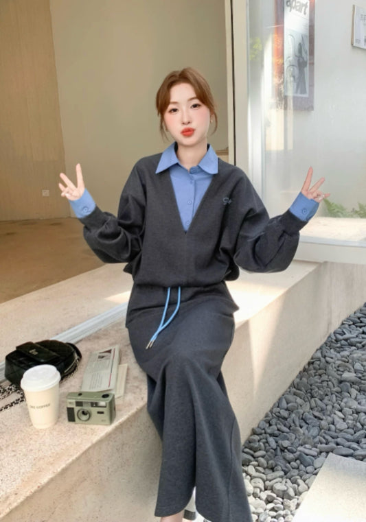 Faux two-piece V-neck suit
