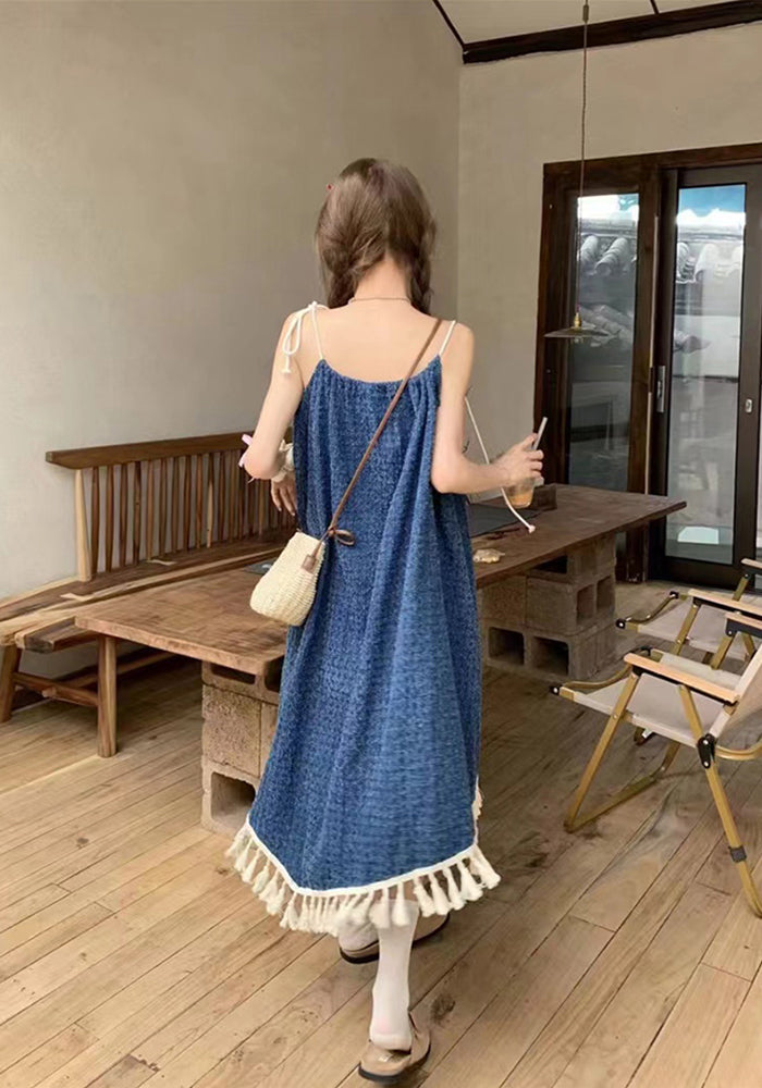 fringed denim suspender skirt