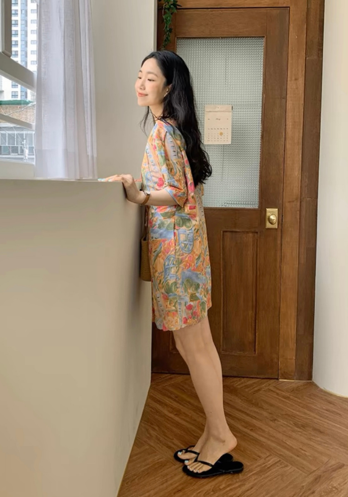 單排扣油畫印花連身裙