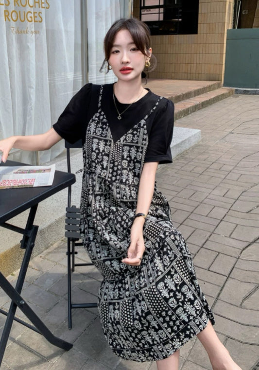 黑色假兩件碎花裙