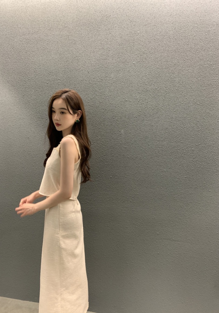 Square collar lace fringed vest + skirt