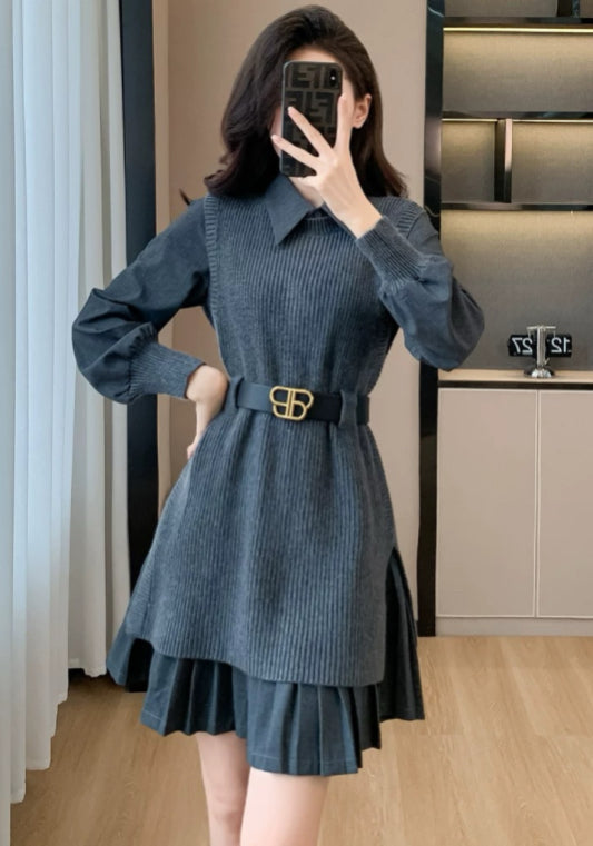 Dark gray knitted skirt suit