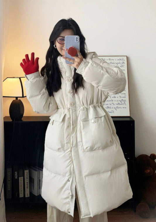 Long, fitted, hooded down jacket