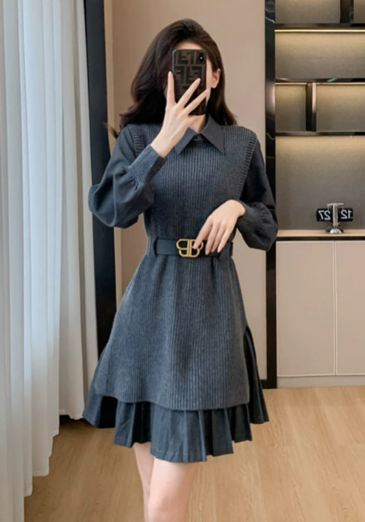 Dark gray knitted skirt suit