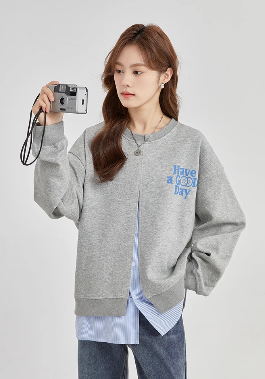 Fake two piece high slit sweatshirt
