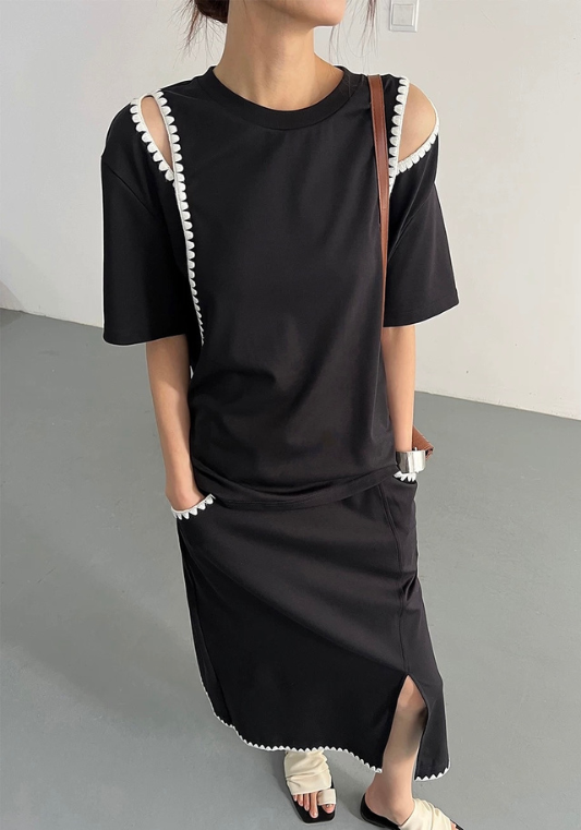 New Black Off-Shoulder T+ Slit Skirt Set