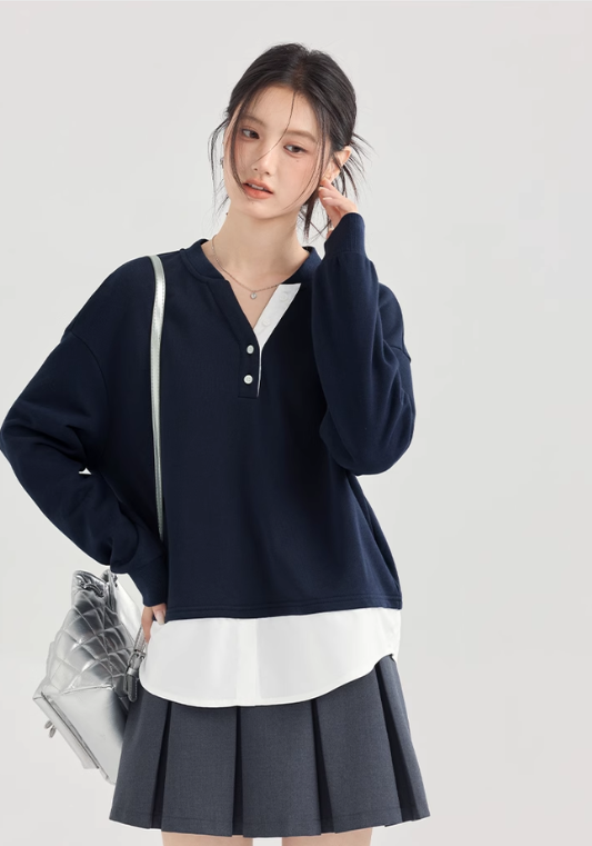 Fake two-piece black and white contrasting sweatshirts