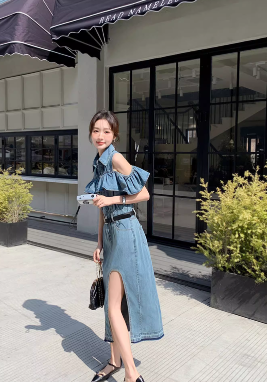 off shoulder denim skirt