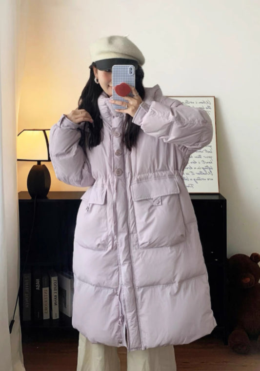 Long, fitted, hooded down jacket