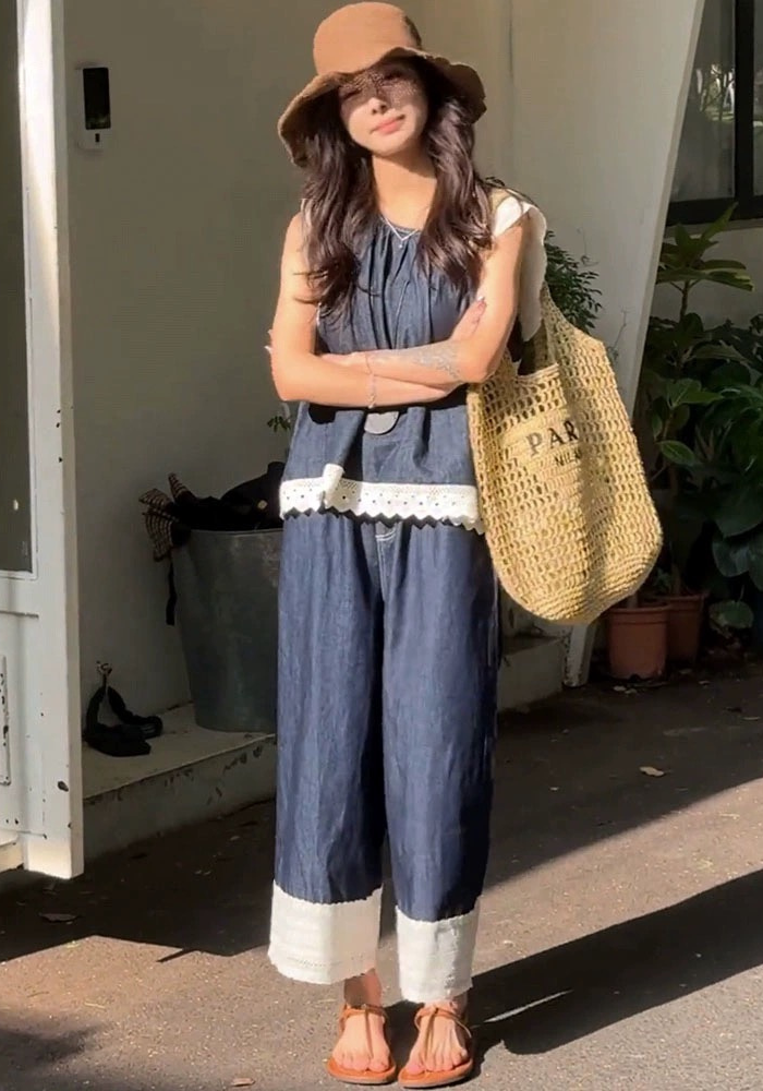 Korean style lace patchwork sleeveless denim suit