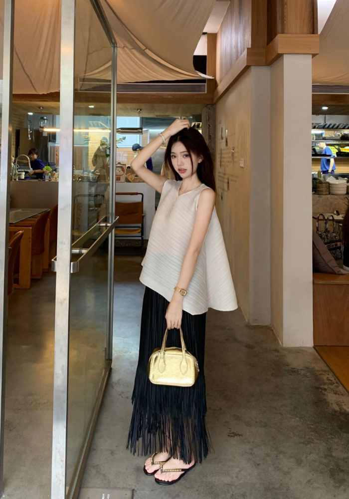 French camisole + fringed skirt
