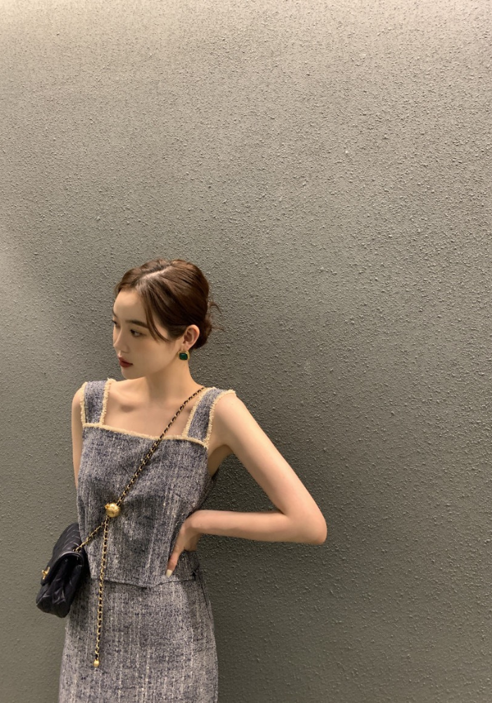 Square collar lace fringed vest + skirt