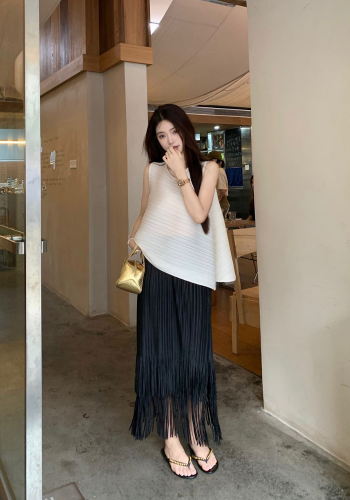 French camisole + fringed skirt