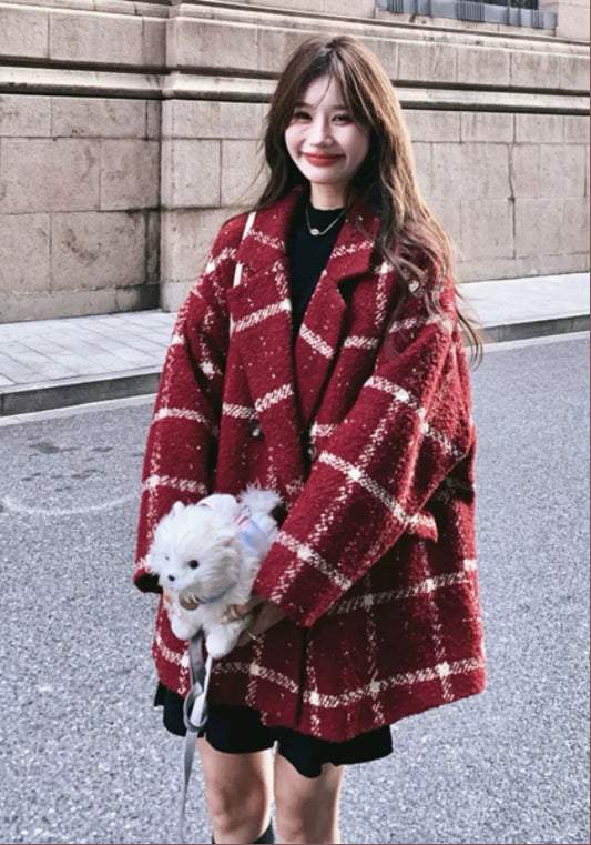 紅格仔毛呢外套
