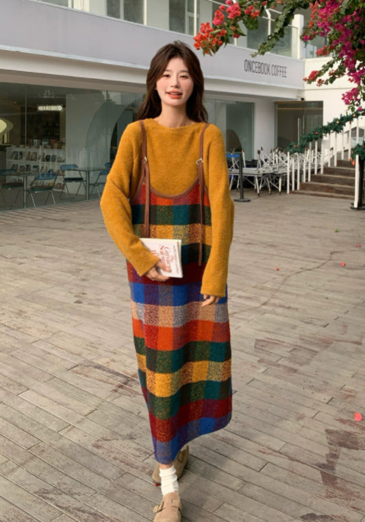 Striped pinafore dress two-piece set