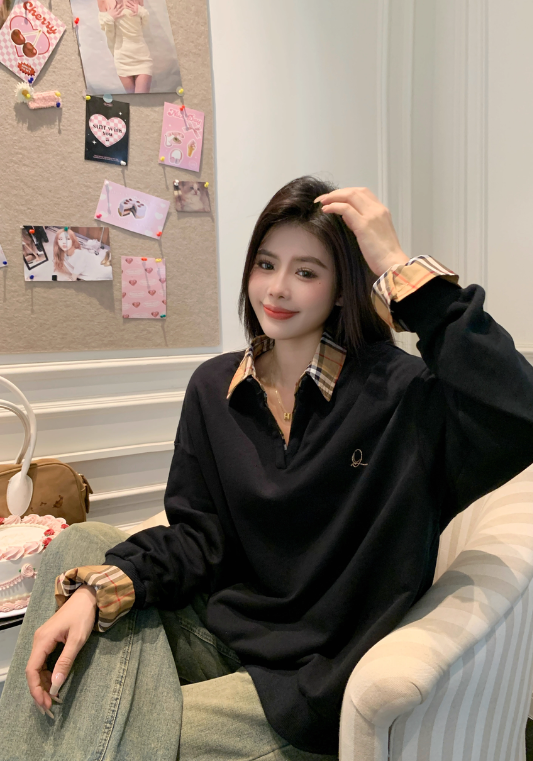 Yellow plaid collar patchwork sweatshirt