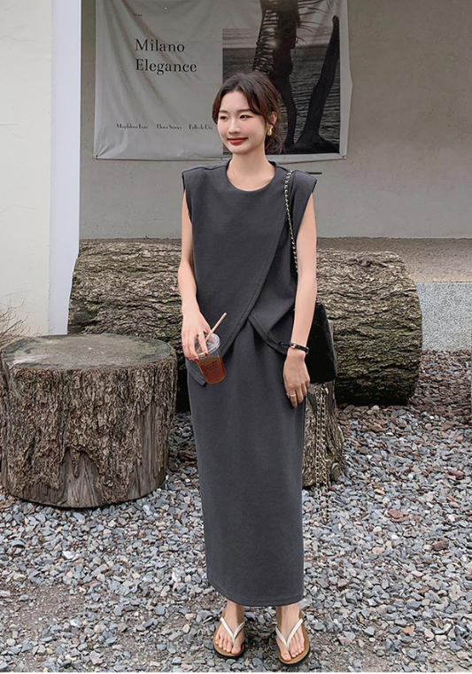 Cross sleeveless top + skirt set