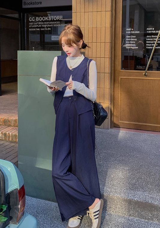 waist-cinching denim three-piece suit