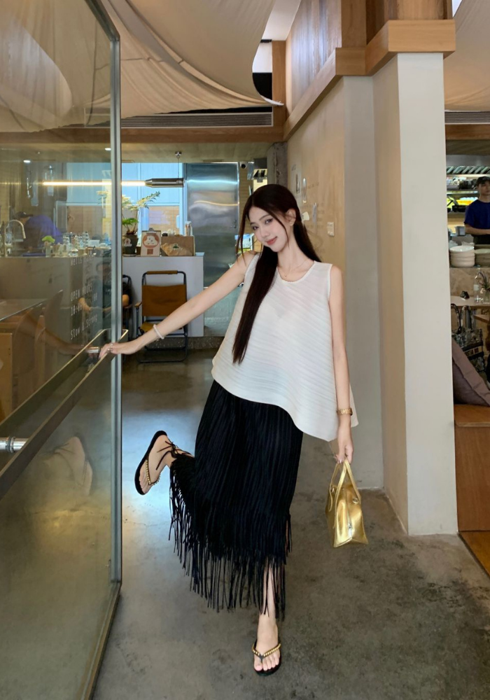French camisole + fringed skirt