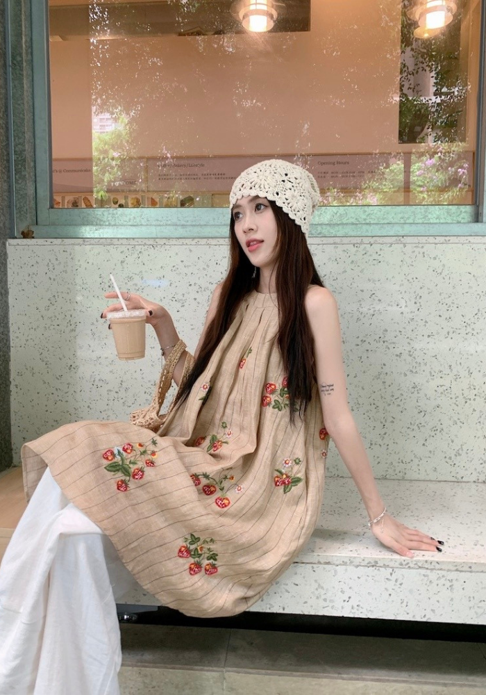 法式復古刺繡條紋連身裙