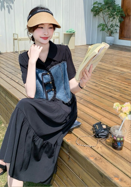 牛仔拼接裙