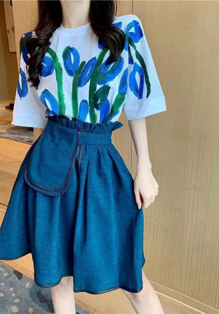 Oil painting short sleeve + irregular A-line skirt suit