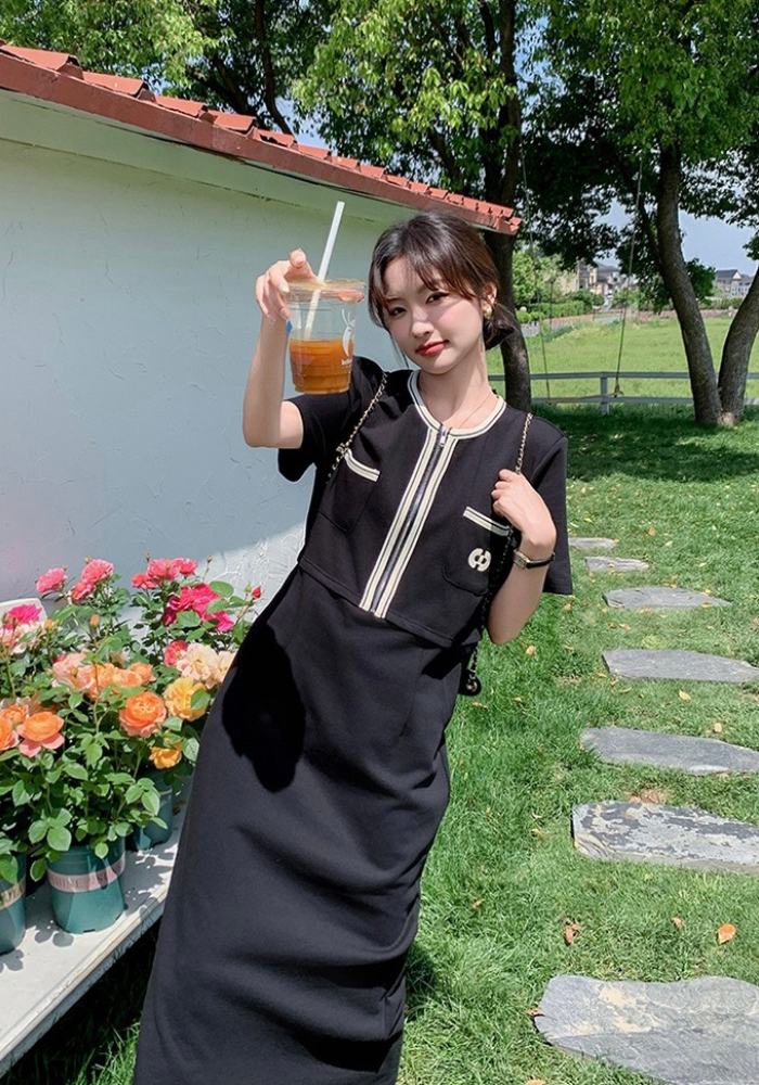 黑色小香風假兩件連身裙