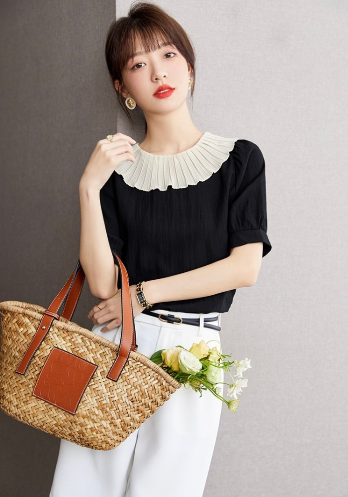 French ruffled short-sleeved shirt