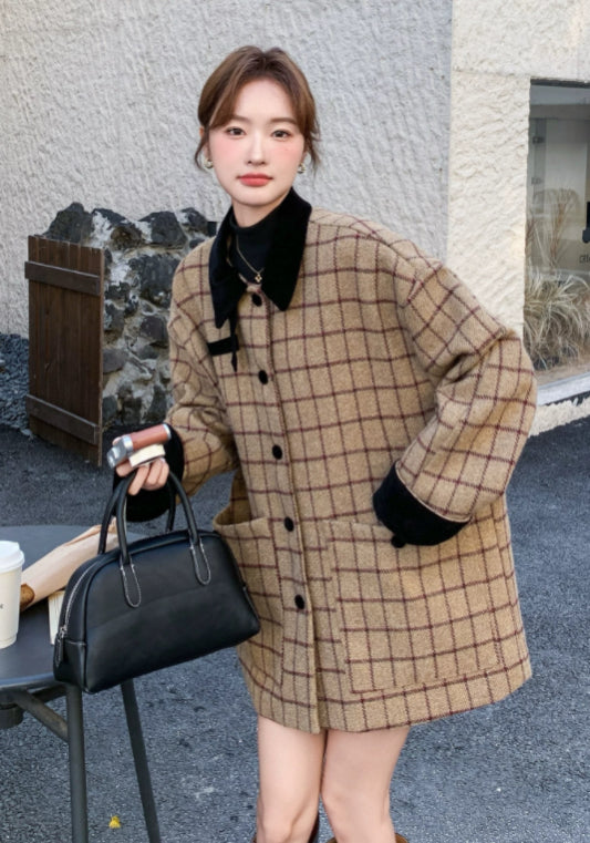 卡其格仔羊毛外套