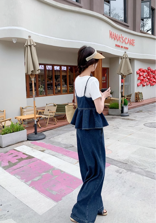 Ruffled denim three-piece suit