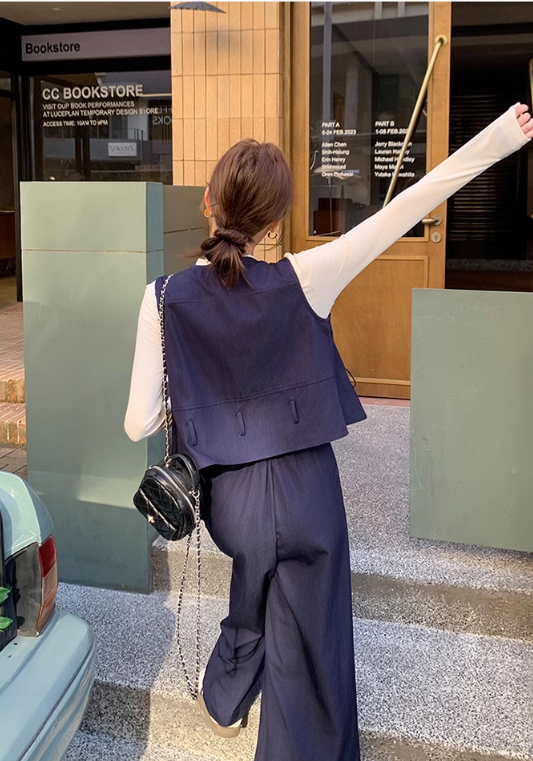 waist-cinching denim three-piece suit