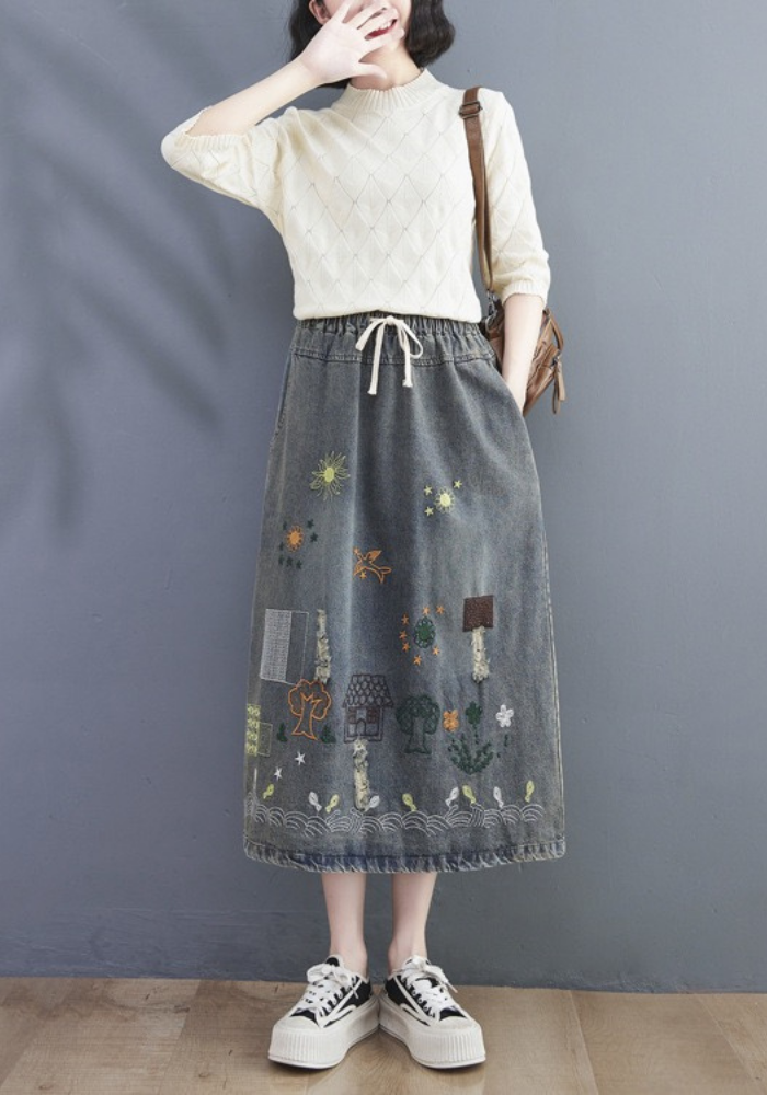 embroidered denim skirt