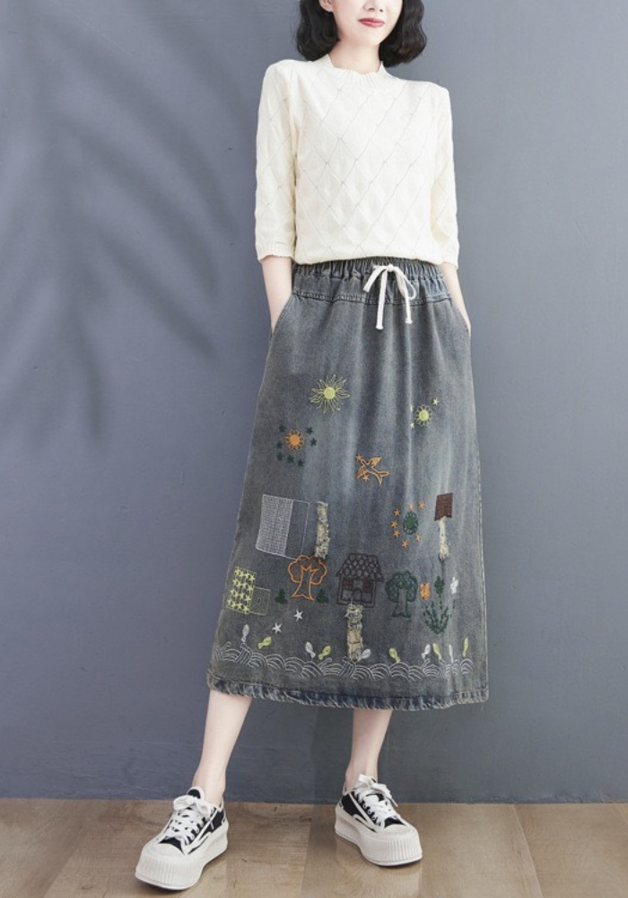 embroidered denim skirt