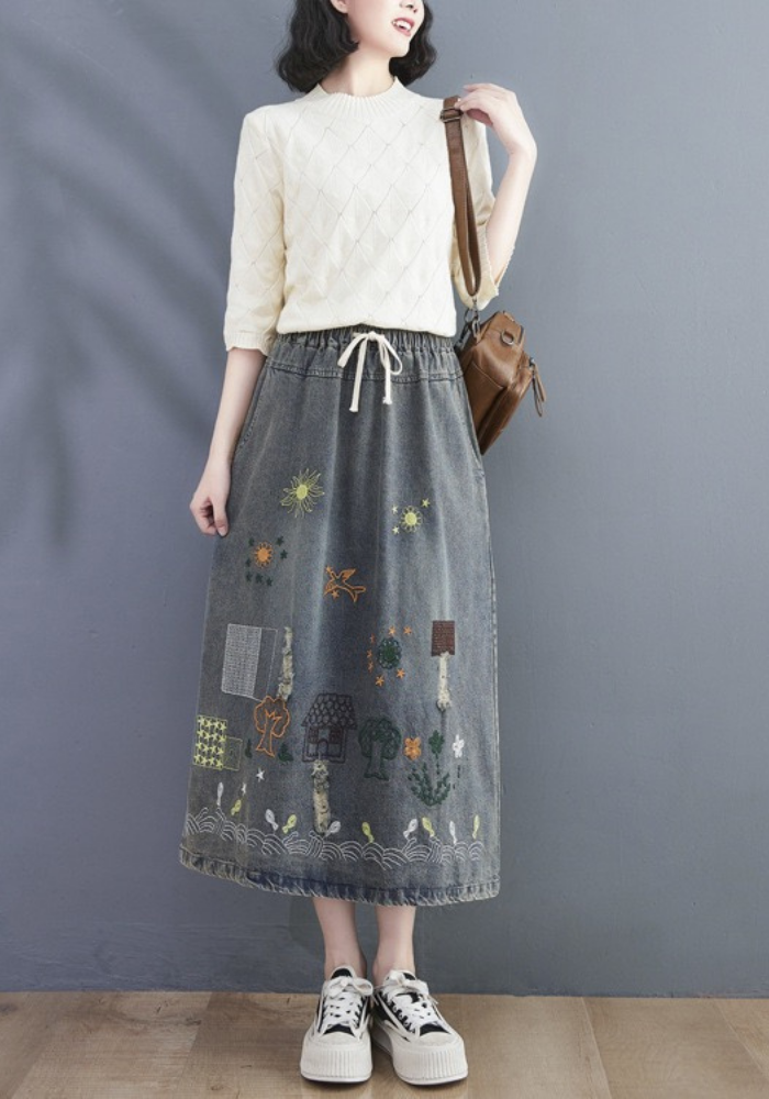 embroidered denim skirt