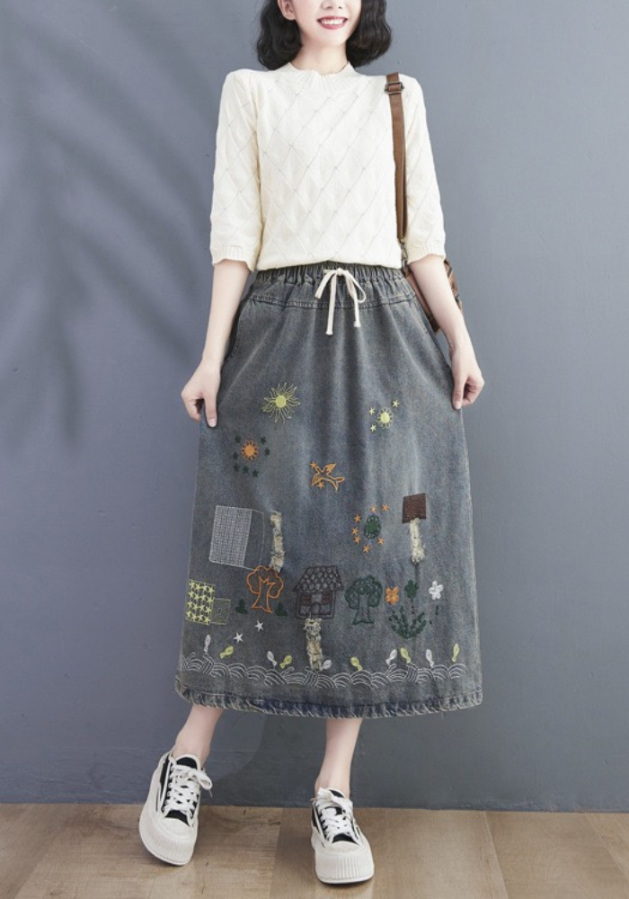 embroidered denim skirt