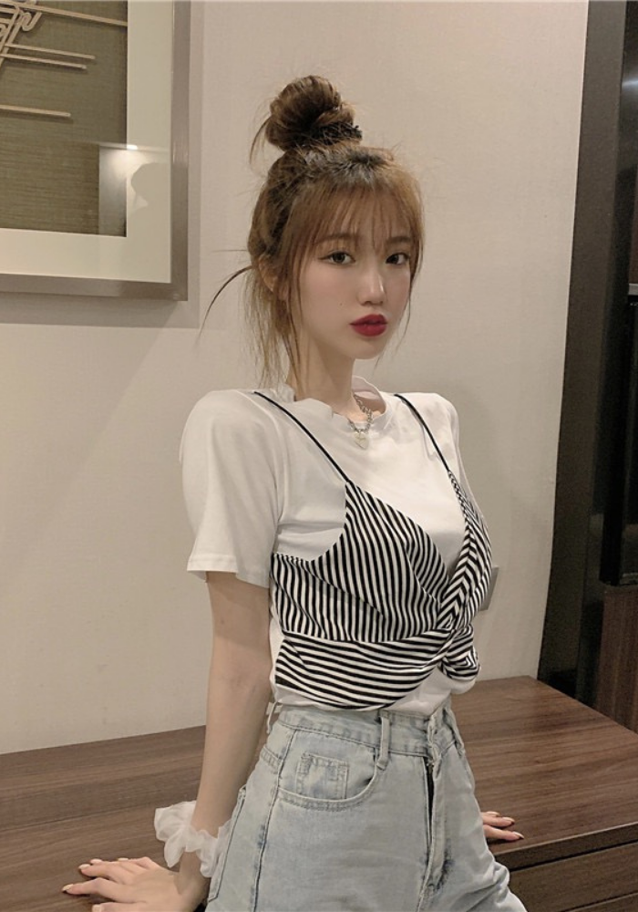 假兩件吊帶短袖T