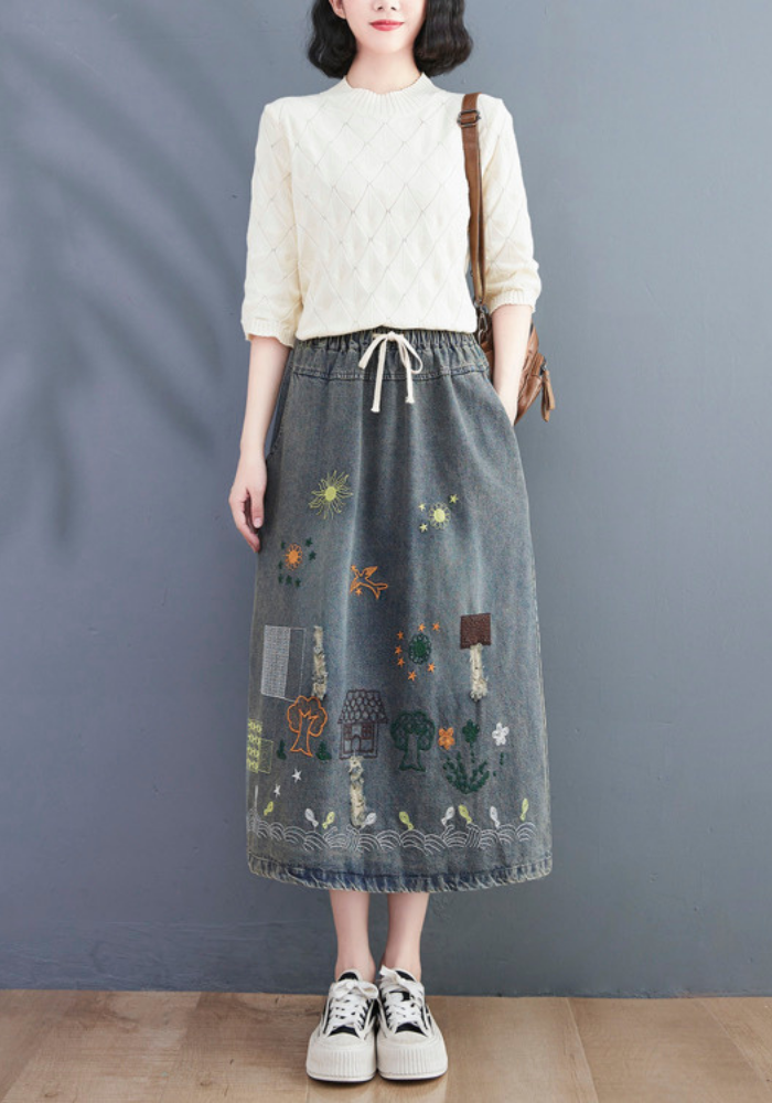 embroidered denim skirt