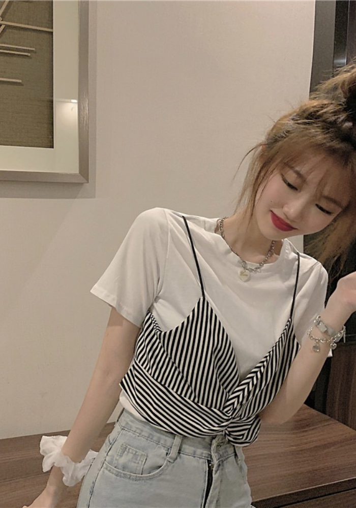 假兩件吊帶短袖T