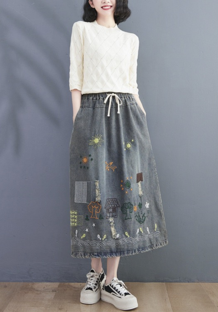 embroidered denim skirt