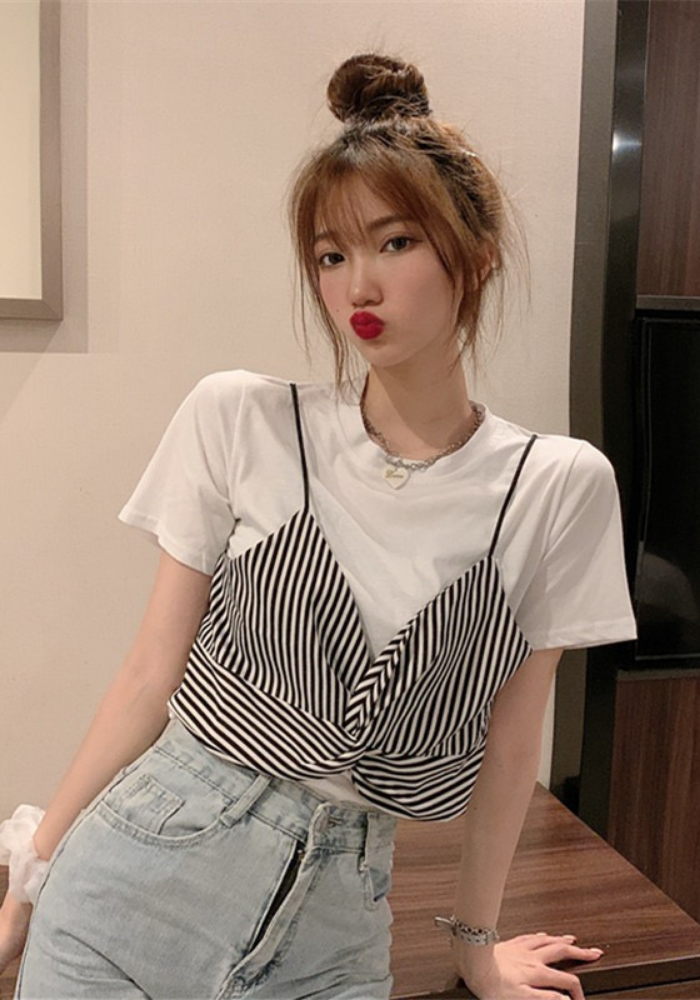 假兩件吊帶短袖T