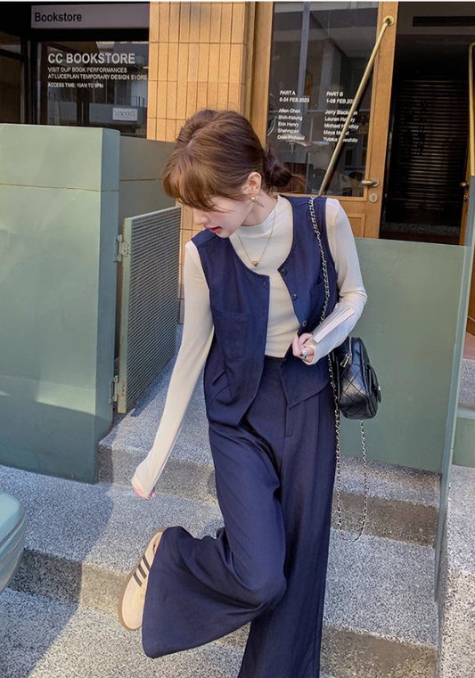 waist-cinching denim three-piece suit
