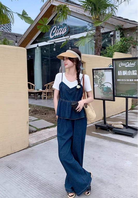 Ruffled denim three-piece suit