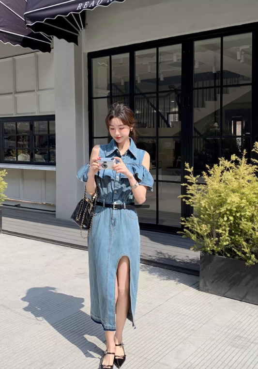 off shoulder denim skirt