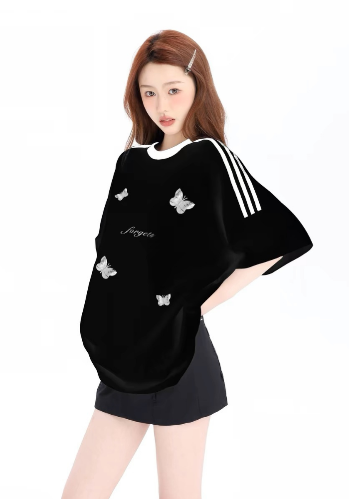 三條杠蝴蝶結印花短袖