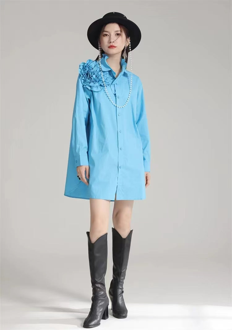 立體花朵長袖襯衫連身裙