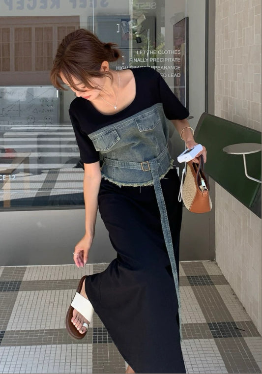 牛仔拼接裙