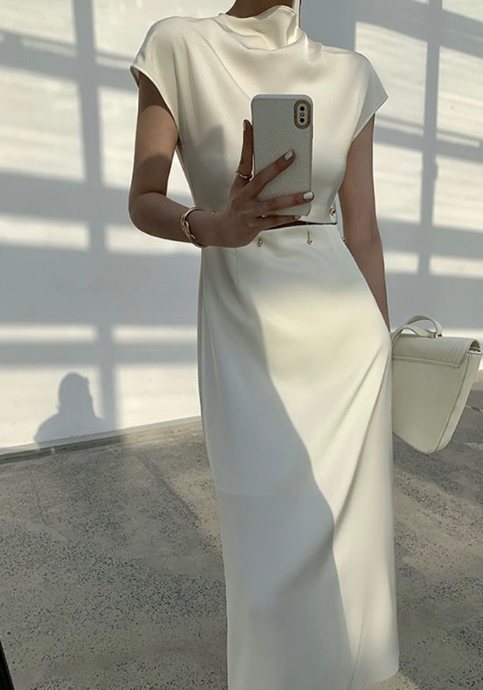French detachable beaded button waist long skirt