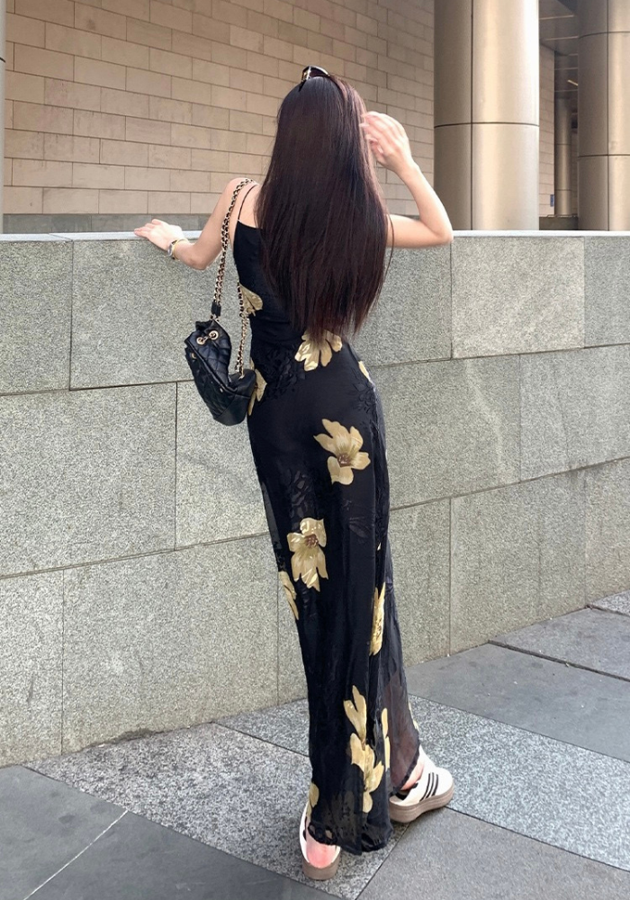 金色花朵印花連身裙