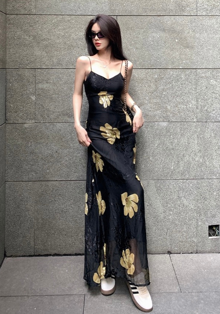 金色花朵印花連身裙